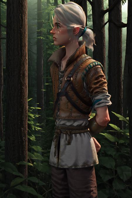 Ciri_Young green eyes, freckles, ponytail tunic, leather bracers, leather boots, brown pants, belt, vest,