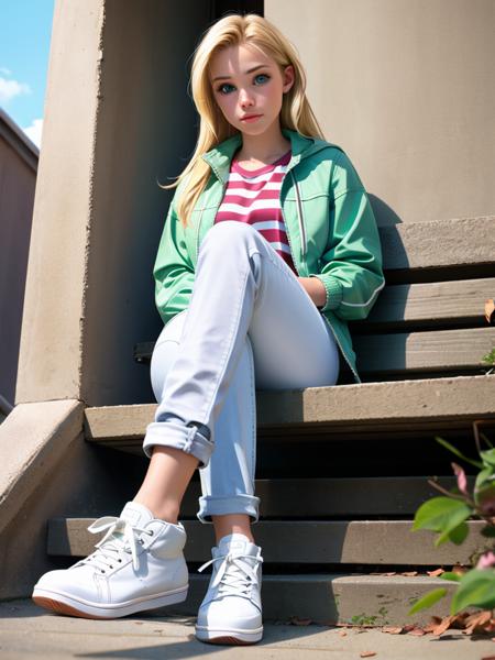 Realistic photo of a beautiful kr1st3nb woman,1girl,solo,long hair,looking at viewer,blue eyes,blonde hair,shirt,sitting,jacket,open clothes,shoes,striped,pants,open jacket,white footwear,denim,sneakers,jeans,striped shirt,green jacket,realistic,denim jacket, soft lighting, professional Photography, Photorealistic, detailed, RAW, analog, sharp focus, 8k, HD, high quality, masterpiece<lora:kr1st3nb:1.0>