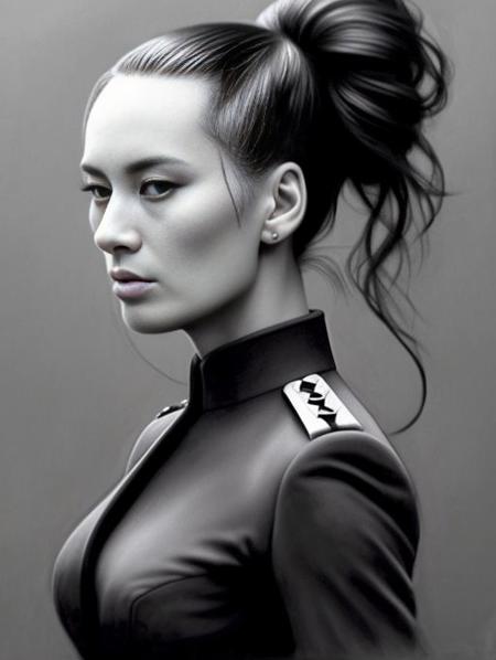 beautiful slim GeeCara , hair in tight bun, dark moody charcoal  drawing , military uniform, intricate details , trending on artstation,,