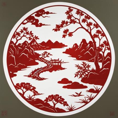 The image is a traditional Chinese paper-cut art piece, now reimagined to depict a serene landscape in the style of shan shui painting. It features rolling hills, meandering rivers, and distant mountains, all intricately cut into red paper to create a harmonious balance of elements. The white background highlights the delicate contours of the landscape. The artistry is evident in the finely cut details of the trees, rocks, and water, capturing the essence of nature's tranquility. This paper-cut artwork embodies the spirit of classical Chinese landscape painting, where every cut and line conveys the depth and beauty of natural scenery., <lora:cn_paper_cut:0.75>