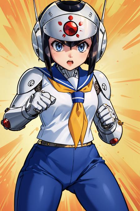 ouka, robot girl helmet, serafuku, blue pants