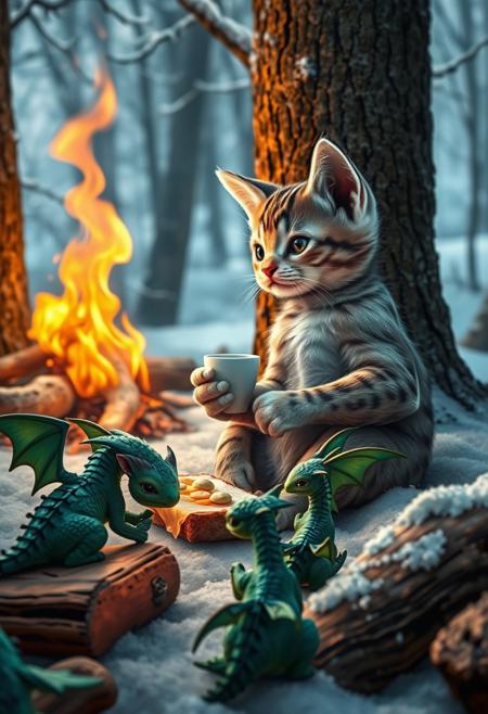 a muscular kitten with visible veins sitting nearby fallen tree next to  a  big campfire and  eating a sandwich with cheese  and holding a cup of tea, sitting with a group of little green dragons with dark green wings , with details, snow, snowy, winter forest, vivid colors, details seen under an electron scanning microscope