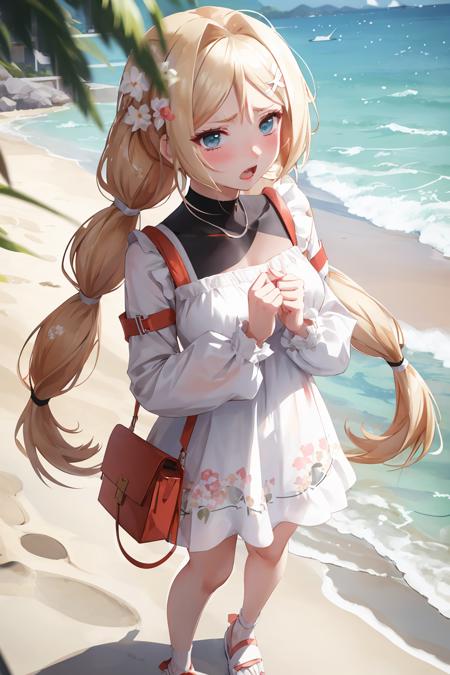 portrait, standing, flowers, looking at viewer, acnicky, (white dress, bare legs, white sandals), (v-shaped eyebrows:1.2), blush, frown, (embarrassed:1.2), open mouth, low twintails, long hair, beach background,  <lora:Game-EternalReturn-AlleyCatNicky:0.7>