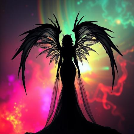bride, ultra realistic, Black on both sides, black silhouette, Volumetric lighting, Dreamyvibes Artstyle, cosmic horror, hellfire, neon aurora background, variety of colors in background, cruel yet beautiful, detached wings