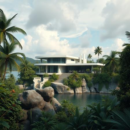 futuristic modern brutalist style house on the james bond island, exotic luxuriant vegetation around, tropical jungle, james bond island rock, photorealist, masterpiece, 4k, high details