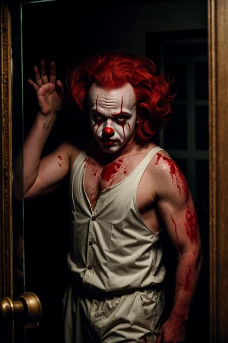 A cinematic photo of a 25 year old half american half scottish killer clown, big forehead, red clown wig, running into a glass mirror breaking his face into glass pieces, Blood glass shattering, he is in a dimly lit beat down grim public restroom, bloody red sparkly glitter clown costume, Blood on walls, broken lights, horror, vhs, film grain, Zombie in background, Scared look, brown lighting, grey lighting, ultra detailed, Atmospheric, Dramatic, Masterpiece,