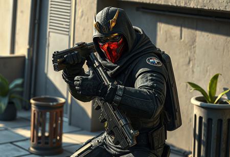 Action stone sentry, red & gold mask, black tactical suit, gray urban scene, trash can, green plant, dynamic pose. Dramatic lighting, octane render, Unreal Engine 5, splash ink illustration, Raphael & Houdini style, CGSociety, Artstation trending, 4k, hyperdetailed face & clothes, golden ratio, beautiful matte painting, isometric view.