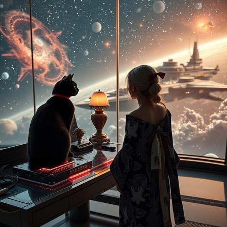 A sleek black cat with red collar sits on a cluttered metal riveted desk with transparent top and micro-LED lighted computer components visible inside, On the desk is an ebony and gold maneki neko statue and a classic ornate art deco lamp, the Black Cat is looking out of a seamless and futuristic floor to ceiling window, (((a beautiful woman, 24 years old, is standing in the foreground facing the viewer))), the scene out the window depicts nebulae and starships, the sleek black cat with red collar is sitting on the desk and looking out the window, the woman is dressed in futuristic cyberpunk Japanese style kimono-style clothing that are sexy and Japanese classic aesthetic. An enormous art deco inspired starship with futuristic lighting and an enormous space station are visible in the background among the stars, The woman's hair is elegantly tied up with a ribbon. Artistic cyberpunk, dynamic perspective, (((overall architectural aesthetic is Art Deco Cyberpunk))).  Epic image that elicits a feeling of wonder and awe, part of the interior is visible,