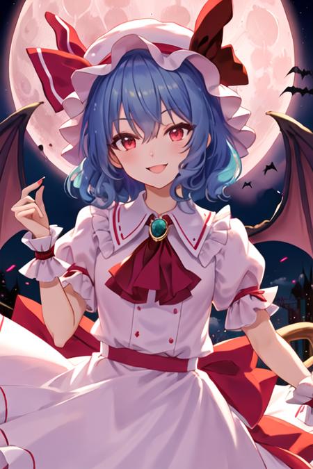 best quality, masterpiece, highres, solo, {remilia_scarlet_touhou:1.15}, red_eyes, short_hair, bat_wings, wings, ribbon, hat, blue_hair, mob_cap, hair_between_eyes, hat_ribbon, bangs, smile, upper_body, red_ribbon, 1girl, full_moon, looking_at_viewer, moon, night, outdoors, pink_headwear, puffy_short_sleeves, puffy_sleeves, red_moon, shirt, short_sleeves, sky, ascot, frilled_shirt_collar, frills, night_sky, open_mouth, pink_skirt, purple_hair, red_ascot, skirt, wrist_cuffs, bow, cloud, pink_dress, red_bow