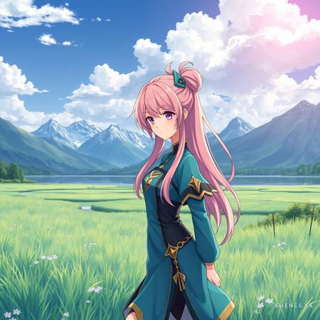 beautiful anime girl with long pink hair in a high two ponytail, teal and black outfit with gold accents, standing in a lush blue grassy field, serene lake, majestic mountains in the background, fluffy white clouds, bright blue sky, peaceful atmosphere, detailed textures, vibrant colors, Genshin Impact style