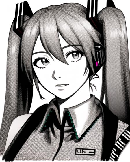 portrait of hatsune miku,grayscale,monochrome,art by llbreton, <lora:15LLBreton2:0.5>