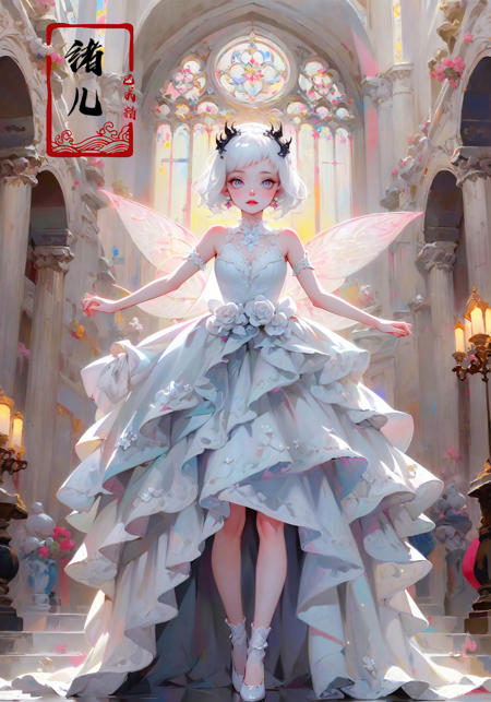 32K, Surreal, best quality, masterpiece, highres, original, extremely detailed wallpaper,
perfect lighting, UHD, white hair,Zhang Jingna,in the style of aggressive digital illustration, bold and colorful portraits, lit kid, Picasso,Hikari Shimoda(full body:1.3), (Gothic architecture:1.3)
(Fairy tale princess gown with delicate lace and sparkly gems:1.3)
<lora:~Q?-YG^{Zwith horns:0.8>