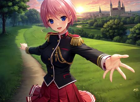 miowal, 1girl, solo, hairclip, school uniform, epaulettes, aiguillette, pleated skirt, smile, sky, cloud, open mouth, grass, tree, sunset, cityscape, outstretched arms, lens flare, castle, beautiful hands <lora:miowal_V3-11:0.7>