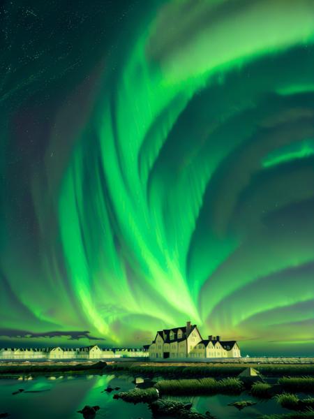 <lora:lora_VerticalLandscapes:1>an image of an auroral sky with a house in the foreground