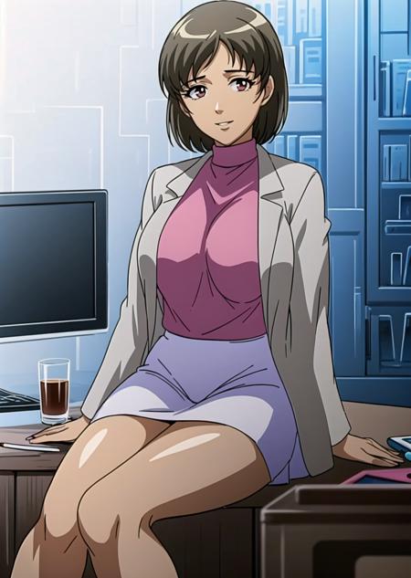 urotsukidoji researchgirl,
(solo:1.4),
1girl,brown hair, short hair, brown eye, sexy body,
(white long labcoat:1.4), (pink turtleneck:1.4), (gray pencil skirt:1.4), bare legs, bare thighs, (parted bangs:1.4),
relaxed expression, smile, parted lips, sitting, looking at viewer,(legs together:1.3),computer
indoors, (night:1.4)
portrait,(foreground:1.4), (half body shot:1.2)
(masterpiece:1.4), (best quality:1.4),
professional artwork, intricate details, vivid colors, Diffused lighting, digital blending, ultra detailed body, ultra detail hair, ultra detail face,
<lora:urotsukidoji_researchgirl_ver5-10:0.7>