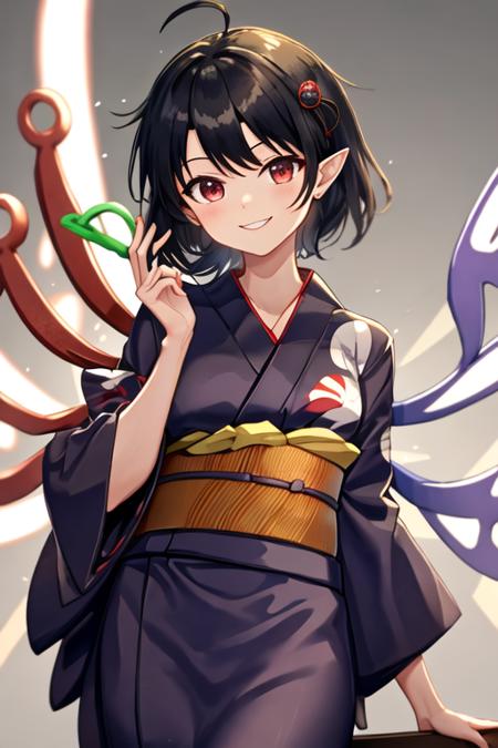 best quality, masterpiece, highres, solo, {yukata:1.40}, {kimono:1.20}, {houjuu_nue_touhou:1.15}, black_hair, wings, asymmetrical_wings, red_eyes, short_hair, bow, smile