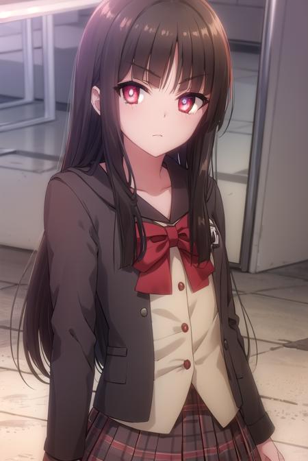 sarasvati, <lora:sarasvati s2-lora-nochekaiser:1>,
sarasvati, long hair, black hair, (red eyes:1.4), blunt bangs, hime cut,
BREAK skirt, bow, school uniform, serafuku, plaid, red bow, brown skirt,
BREAK indoors,
BREAK looking at viewer, (cowboy shot:1.5),
BREAK <lyco:GoodHands-beta2:1>, (masterpiece:1.2), best quality, high resolution, unity 8k wallpaper, (illustration:0.8), (beautiful detailed eyes:1.6), extremely detailed face, perfect lighting, extremely detailed CG, (perfect hands, perfect anatomy),