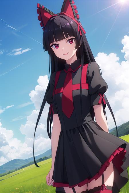 rorymercury, <lora:rory mercury s1s2-lora-nochekaiser:1>,
rory mercury, long hair, black hair, (red eyes:1.3), bangs, blunt bangs, hime cut, smile,
BREAK thighhighs, bow, ribbon, hair ribbon, garter straps, dress, black dress, puffy sleeves, frills, detached sleeves, necktie, red necktie, lipstick, purple lipstick,
BREAK outdoors, nature, forest, grass, sun, sky, clouds, grass,
BREAK looking at viewer, (cowboy shot:1.5),
BREAK <lyco:GoodHands-beta2:1>, (masterpiece:1.2), best quality, high resolution, unity 8k wallpaper, (illustration:0.8), (beautiful detailed eyes:1.6), extremely detailed face, perfect lighting, extremely detailed CG, (perfect hands, perfect anatomy),