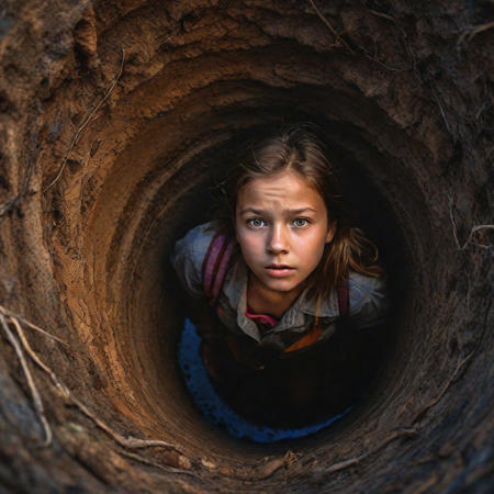 Create an image of a girl trapped in an abandoned vertical tube well, an aerial view, dry land, dry trees, light rain, a landscape, dark clouds, her fear, confusion, sunset, dim overhead light, hyperrealistic nature.