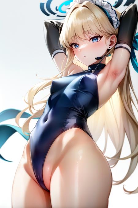 toki(blue archive), arms up, highleg leotard, halo, earpiece, leotard, simple background, solo, blue eyes, headset, blonde hair, arms behind head, black leotard, armpits, looking down, white background, 1girl, sleeveless turtleneck leotard, covered navel, maid headdress, highleg 