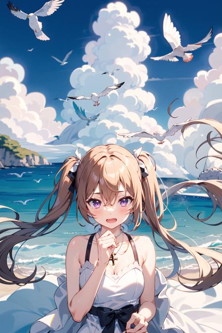 1girl, {{{shell necklace}}},shell, purple eyes, blush, long hair, twintails,brown hair, see-through,  swimsuit under clothes, wedding dress,   dress,  hair between eyes,  open mouth, low twintails, very long hair,  breasts,blonde hair, {{{ocean}}}, solo focus, bangs, hair between eyes,black bow, open mouth, low twintails,fang, bowtie, cheek pinching, lace, cross-laced clothes ,  rainbow, seagulls,  cloudy sky,  sea spray,  island,   upper body,