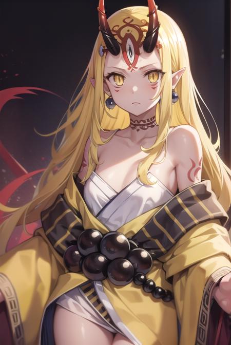 ibaraki douji, blonde hair, facial mark, fang, forehead, horns, long hair, oni, oni horns, pointy ears, (yellow eyes:1.5), earrings, japanese clothes, jewelry, kimono, leg tattoo, neck tattoo, oni, oni horns, shoulder tattoo, tattoo, yellow kimono,