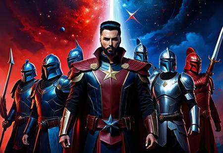Hyperrealistic Concept art. the Rylan Star League and the Ko-Dan Empire. Oil on canvas Deep, rich colors and heavy brushstrokes. Muted red and blue tones. Highly expressive, emotive and vibrant. 64K resolution, magnificent, mysterious, chaotic, intense, epic, masterful, Templar inspired, bold, dramatic. gothic art