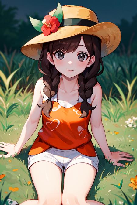 masterpiece, best quality, highres, selene2, 1girl, solo, white shorts, selene \(pokemon\), twin braids, shirt, hat flower, long hair, bangs, red flower, orange shirt, eyelashes, sleeveless, brown hair, brown headwear, grey eyes, sleeveless shirt, short shorts, jewelry, floral print, <lora:selene_(pokemon)_v1:0.6>, sitting, grass,