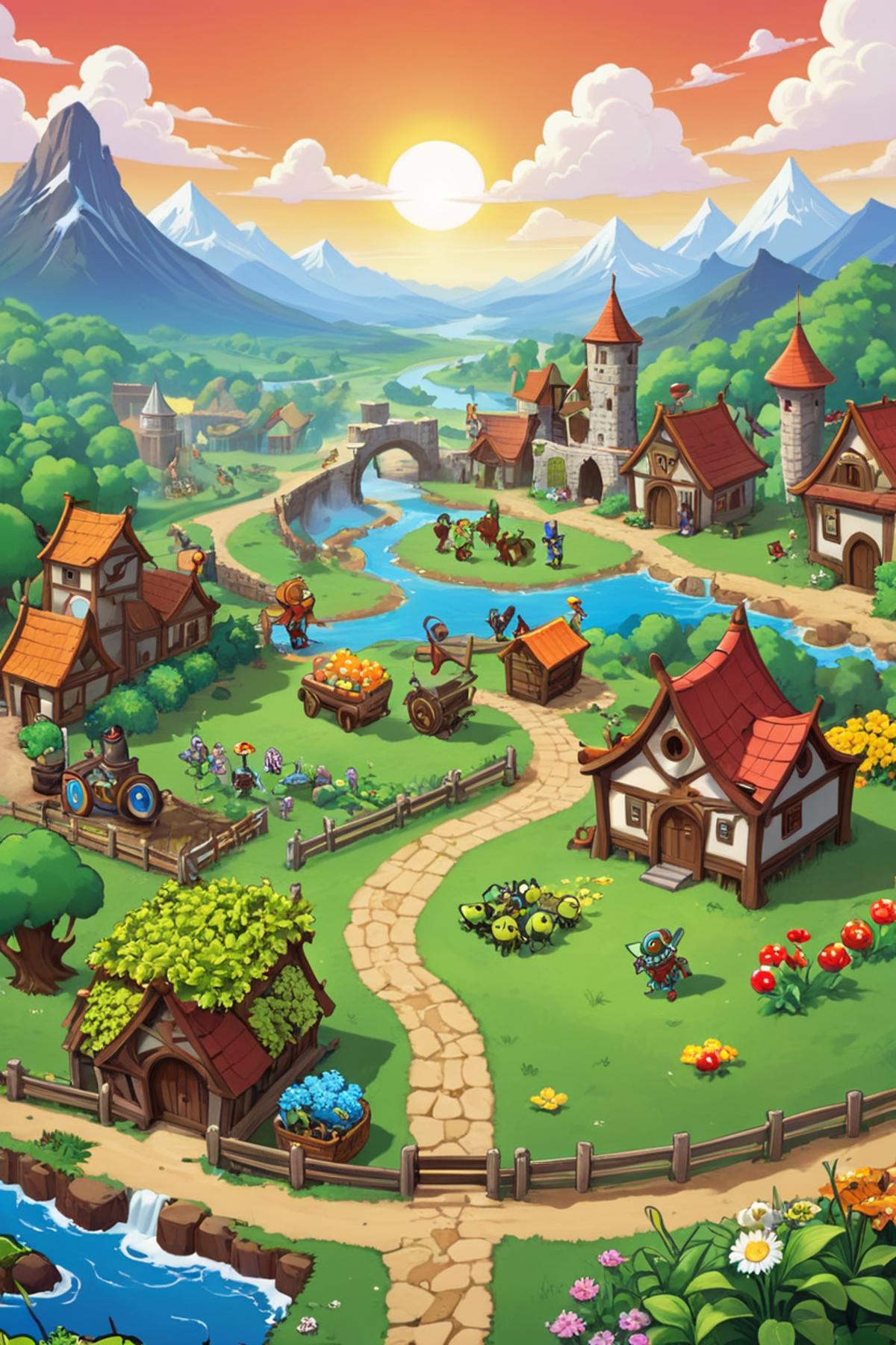 A beautifully colored fantasy scene with a village and a river.