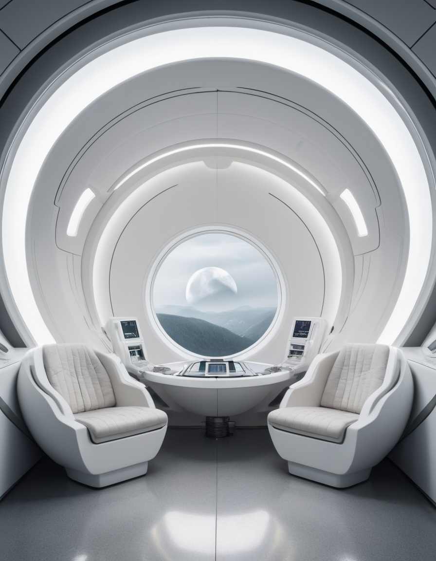 (Futuristic spacecraft interior:1.3), (sleek white panels:1.1), reflective floor, (circular viewport:1.2) with view of (di...