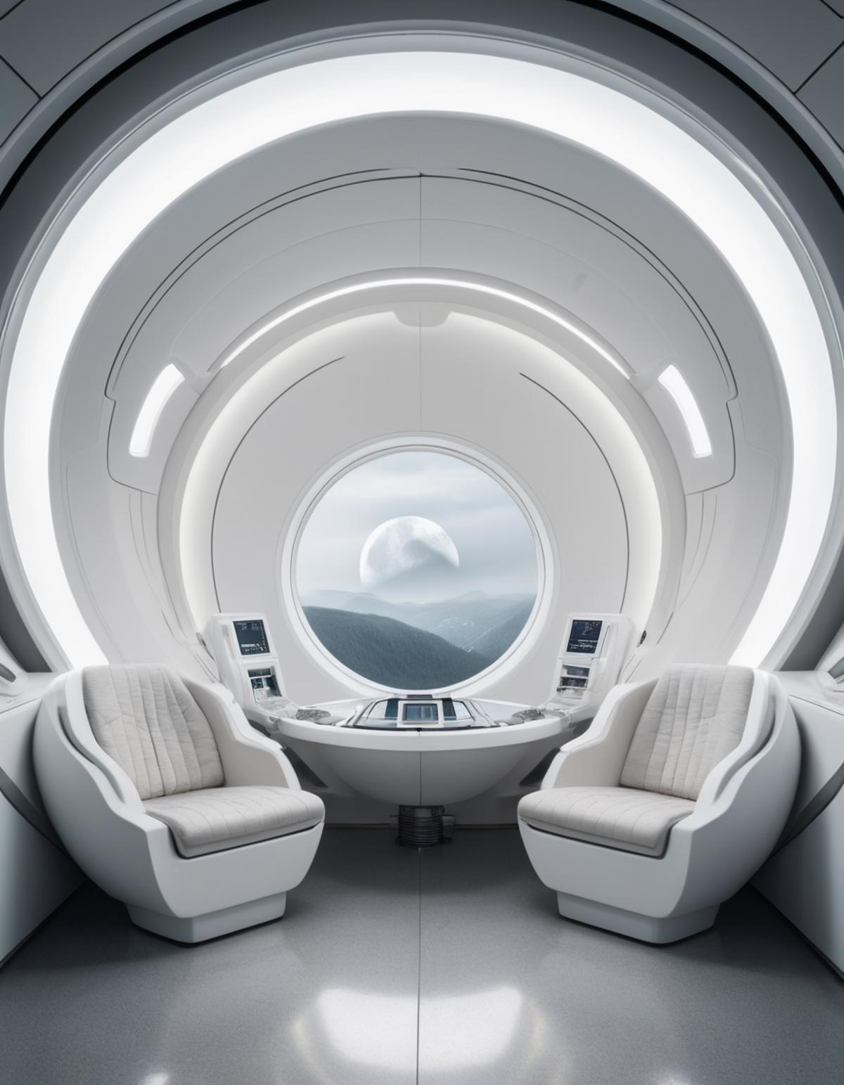 Inside a futuristic vehicle with circular windows, two chairs facing a large window with a moon outside.