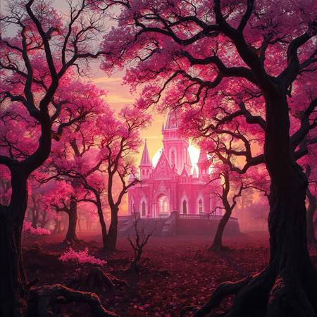 a pink crystal palace sitting in the middle of a twisted diseased forest, light emanates from the palace coloring the trees around it with a pink hue, the sun sets behind the palace