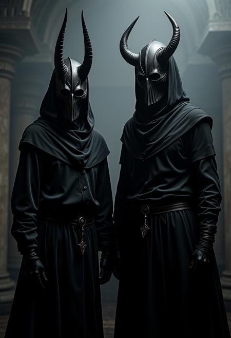 Epic scene, art depicts two figures, one fully in black, including a mask with horns, and another figure and also has small horns. The lighting is dark and moody, giving the piece a gothic or surrealist vibe. The style could be described as contemporary gothic or dark surrealism, by Zdzisław Beksiński, movie poster, extremely detailed, hyper resolution, cinematic volumetric lighting