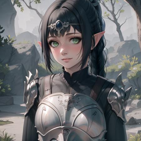 Shadowheart, armor, black hair, pointy ears, bangs, circlet, ponytail, green eyes, braid