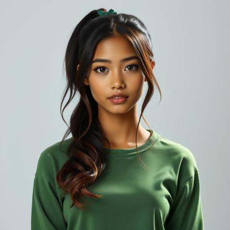 1girl, realistic, realistic photography, professional photography, photo from head to stomach, formal pose, facing towards the camera, head not out of frame, a 20 year old girl, light brown skin, height 155cm, chest circumference 68cm, lower chest circumference 63cm, round chest shape, stomach circumference 63cm, waist circumference 63cm, upper hip circumference 65cm, hip circumference 63cm, round face, slight chin slit, small ears, straight nose, bow shaped lips, round eyes, green eyes, thick straight eyebrows with a slight gentle curve, very long hair touching the hips, slightly wavy black hair slightly reddish, hair combed back, hair tied in a ponytail, only 1 ponytail, no front bangs, no side bangs, no fringe, dark green hair tie, wearing a long sleeved cotton t-shirt without buttons with an o neck collar, t-shirt covering up to the ankles, green t-shirt, wearing green stilettos, no make-up face, wearing a pair of gold earrings, wearing a gold necklace, not wearing a ring, not wearing a bracelet, no blush on the nose, no blush on the cheeks, no blush on the face, white wall background, professional photo studio lighting, accurate anatomy, detailed anatomy, realistic anatomy, detailed skin texture, realistic skin texture, detailed skin pores, realistic skin pores, detailed face, realistic face,