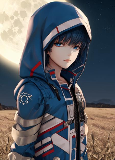 masterpiece, best quality, extremely delicate and beautiful, highres, original, <lora:FidelCamuzeV1:0.8>, FidelCamuze, 1boy, boy, male, short hair, blue hair, blue eyes, blue coat, hood, hooded, upper body, grassland, looking at viewer, serious, night, moon