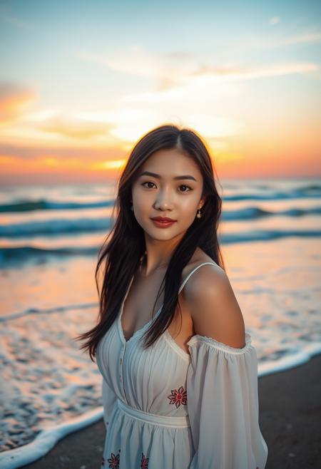 a beautiful Chinese girl with delicate features, charming eyes, and a high nose, standing on a beach at sunset, waves gently lapping at her feet, the sky painted in hues of orange and pink