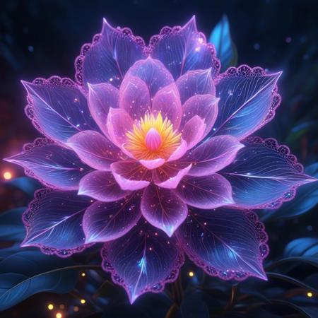 fractal universe inside a crystal flower of a lace magnolia inside a star explosion, background tropical neon garden, 16k, hyperdetalization, hyperrealism, impressionism, realism, vaporwave, crystal light, soft sunset light, light bursts, fractal particles everywhere, trace in the air, macro, depth of field