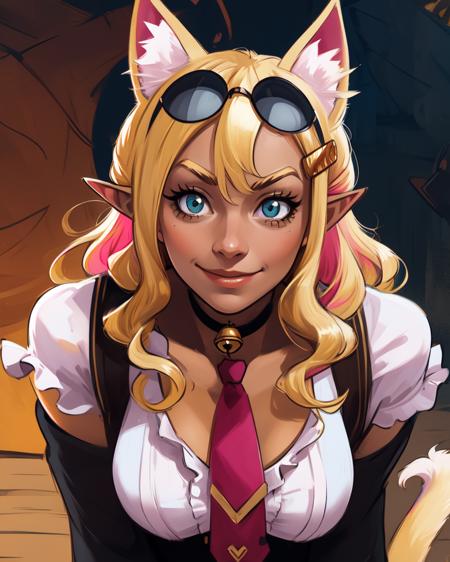 pirilika,cat ears,pointy ears,blonde hair,long sleeves,school uniform,hair ornament,gold hair clip,cat tail,
pink tie,smile,cleavage,eyewear on head,leaning forward,neck bell,
upper body standing,festival,outside,
(insanely detailed, beautiful detailed face, masterpiece, best quality),<lora:Pirilika-10v8:0.8>,