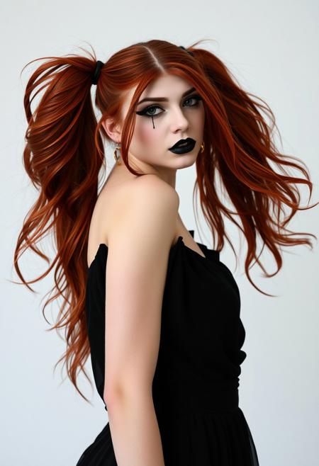 A stunning 25-year-old woman with flowing, fiery red hair styled in long, loose, high pigtails that cascade down her back. Her pale skin is contrasted by dramatic, smoky eye makeup with black eyeliner smudged outwards, creating a rebellious, sultry look. Her deep, matte black lipstick drips slightly from her lips, adding a touch of sensuality and danger. She wears a flowing, elegant gothic dress that accentuates her curves. With a sensual yet dominant gaze, she steps forward, inviting the viewer into her world of darkness and allure.