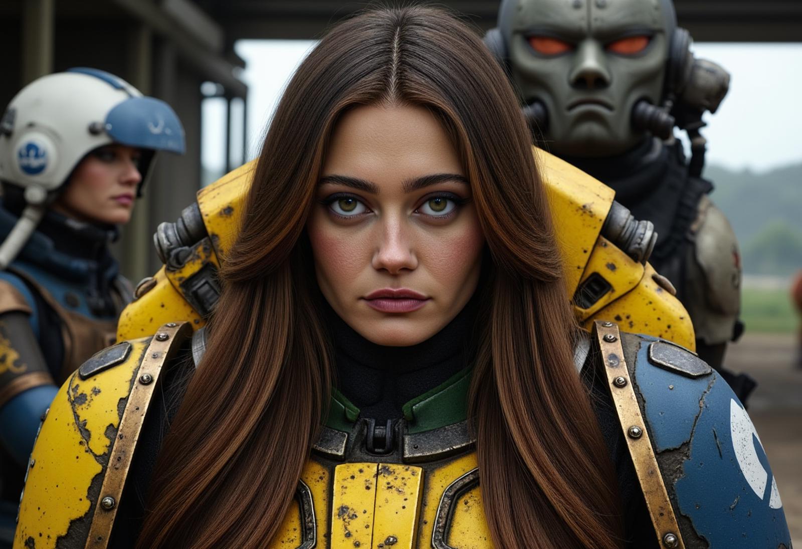 human hybrid the head ellaPurnell woman with long brown hair from fall out wearing 
  yellow and blue space marine armour, in a fall out shelter, dirty
