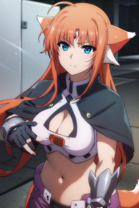 arf testarossa, long hair, blue eyes, orange hair, forehead jewel, animal ears, wolf ears, gloves, navel, cleavage, tail, midriff, fingerless gloves, cleavage cutout,