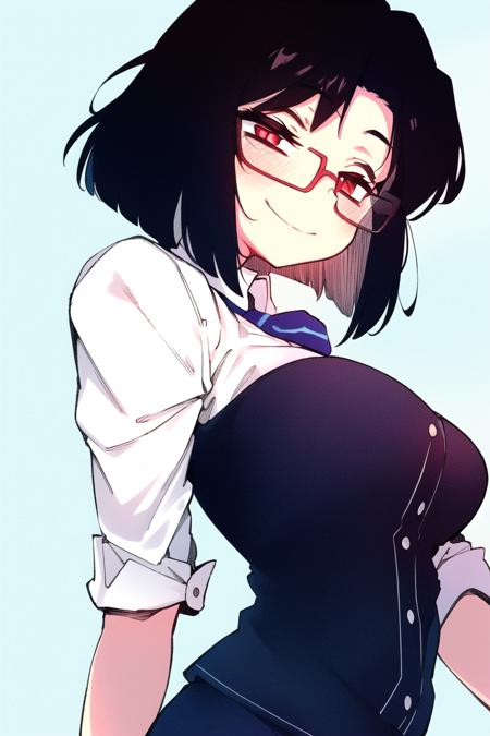 (best quality, masterpiece1.2), detailed,1girl, solo,looking at viewer,simple background, Over-the-shoulder shot,
dynamic pose,smile ,detailed eyes , full body, red eyes, dark hair ,  bob cut, office lady, mature male, necktie, glasses, miniskirt,
 <lora:KarasuChan-20:1>,    smile,  upper body, (monochrome:0.8), blue taint,