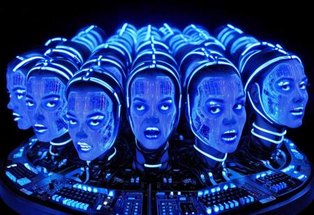 surreal repeated (portraits:1.3) of a cyberwomen intricated in printed circuits, dark contrasted artwork simple circuitery, hyperdetailled, complex infinite repeated faces in multiple shapes and size, multiple various motherboards in chaotic structure assemblage sculpture, creepy horror neon light , album cover  for rhythmic dark hip-hop, aggressive creepy, surrealistic professionnal photography,by Irving Penn , by Hao Nguyen, by Elsa von Freytag-Loringhoven