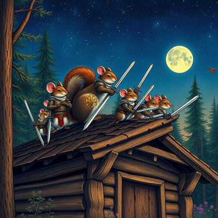 A warm summer night,  a one big squirrel is a commander of a group of  mice. All  are standing on the top of a wooden roof of a big wooden cabin in the middle of the forest. . All of them wear a medieval knight armors and hold steel swords. vivid colors, ukiyo-e  style