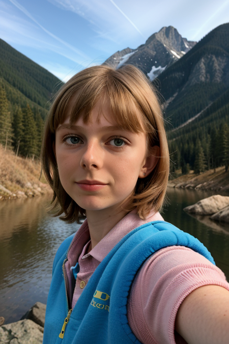 FloFleming, ((selfie)) photo, serious look, outdoors, mountains, wearing a backpack, sweater, hiking jacket, rocks, river, wood, analog style, (look at viewer:1.2), (skin texture), close up, cinematic light, sidelighting, Fujiflim XT3, DSLR, 50mm