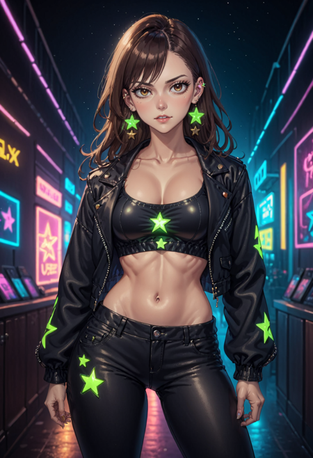 1girl,  black jacket,  black pants,  brown hair,  cleavage,  crop top,  cropped jacket,  earrings,  hand on hip,  jacket,  jewelry,  leather,  leather jacket,  long hair,  looking at viewer,  midriff,  navel,  neon lights,  open clothes,  open jacket,  pants,  solo,  star , (symbol)