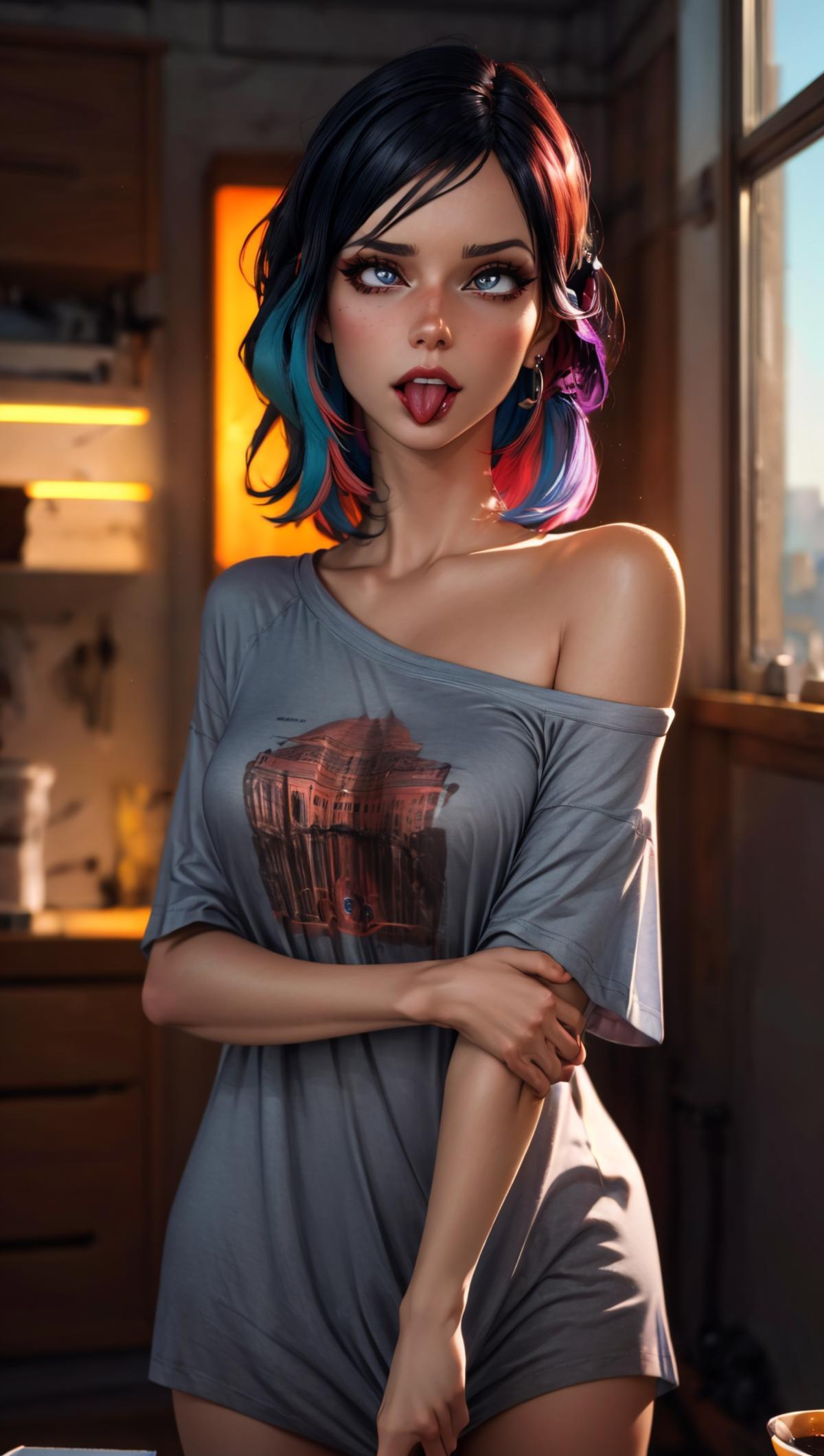 A cartoon girl with colorful hair wearing a grey shirt and sticking out her tongue.