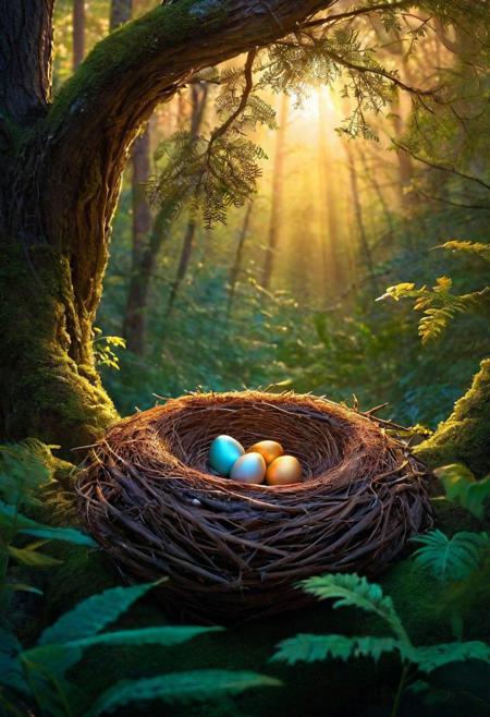 Insanely detailed illustration, beautiful composition!! A bird nestled in her nest, set against the backdrop of a forest at twilight. The nest, glowing with a soft, luminescent light, cradles the bird as she watches over her eggs. The forest around her is bathed in the gentle hues of dusk, with shadows and light playing across the leaves and branches. The scene combines the real with the surreal, creating an atmosphere of enchanting tranquility and natural magic. The bird and her nest are depicted with hyperrealistic detail, each feather and twig rendered with precision, glowing subtly as if illuminated by an inner light. The overall effect is ethereal, blending the bird and her nest seamlessly with the mystical forest environment, as if they are an integral part of this magical world. The colors are deep and vivid, adding to the intense and infinite feel of the scene.