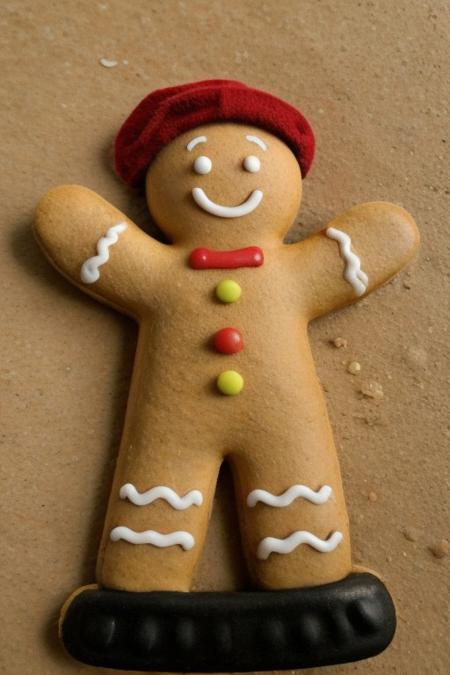 Gingerbread_Man, food, cookie, food focus, no humans, wearing a hat,  walking on a beach